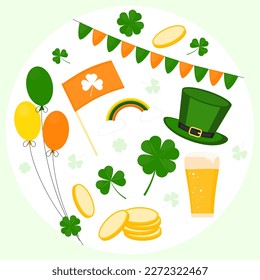 Set of elements for the holiday of St. Patricks Day. St Patricks Day Traditions. Hat, beer, shamrock, balloons, ribbon, flag, four leaf clover.