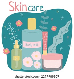 Eine Reihe von Elementen für das Haus und Bad - Körpermilch, Öl, Augencreme, Sahne. Verpackung für Naturkosmetik - Glas, Flasche, Tube. Farbige, flache Vektorgrafik, einzeln.