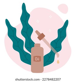A set of elements for the home and bathroom - body oil. An open bottle with a pipette, a drop of oil. Color flat vector illustration, isolated.