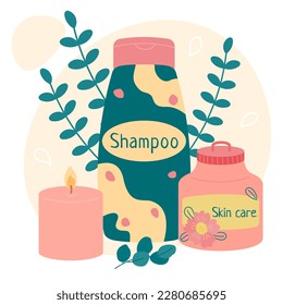 A set of elements for the home and bathroom - shampoo, cream, burning candle. Packaging for natural cosmetics - jar, bottle, tube. Color flat vector illustration, isolated.