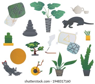 A set of elements for home comfort: potted plants, a cat, a dog, pillows, a teapot and a cup, a bonsai tree, a wicker rug, bamboo, tree branches in a vase, incense, a pyramid of stones.