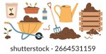 Set of elements for home composting and organic gardening. Garden tools, fertilizer, plant sprouts, wheelbarrow with soil, earthworm, watering can, wooden compost bin. Vector illustration.