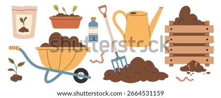 Set of elements for home composting and organic gardening. Garden tools, fertilizer, plant sprouts, wheelbarrow with soil, earthworm, watering can, wooden compost bin. Vector illustration.