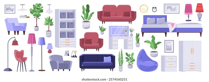 Set of elements for home interior. Bed, wardrobe, armchair, lamps, chairs, dressing table, sofa, plants, pouf, cabinet, paintings, chandeliers. Vector collection in a flat style