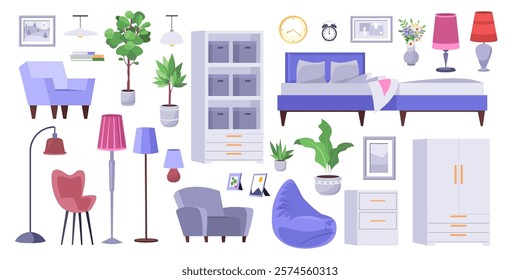 Set of elements for home interior. Bed, wardrobe, armchair, lamps, chairs, plants, pouf, cabinet, paintings, chandeliers. Vector collection in a flat style