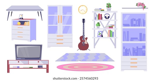 Set of elements for home interior. Living room. Wardrobe, shelf, guitar, table, carpet, television, clock, plant. Vector collection in a flat style