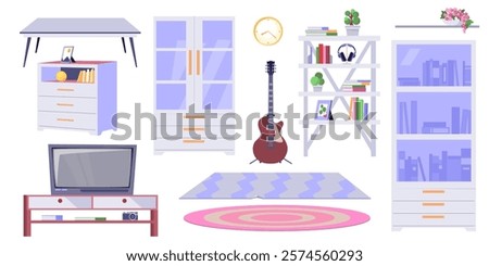 Set of elements for home interior. Living room. Wardrobe, shelf, guitar, table, carpet, television, clock, plant. Vector collection in a flat style