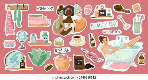 Conjunto de elementos del spa casero, belleza, relajación, tratamientos de belleza aislados en la vegetación. Colección de pegatinas para vestir batas, máscaras, jabón, cosméticos, champús. Ilustración vectorial de corte.