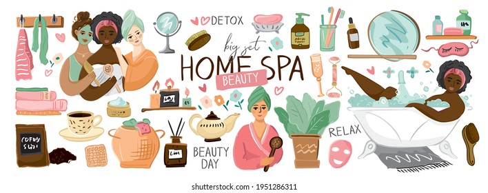 Conjunto de elementos del spa del hogar, belleza, relajación, tratamientos de belleza aislados en blanco. Colección de pegatinas de chicas en vestir batas, máscaras, jabón, cosméticos, champús, planta. Ilustración vectorial de corte.