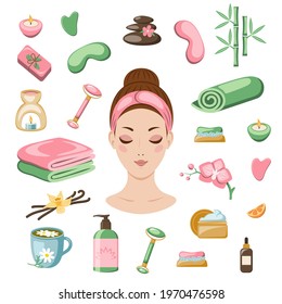 Set of elements of home spa, beauty, relaxation, beauty treatments. Set of the home spa accessories, face rollers towels, candles, tea, masks, soap, cosmetics, shampoos. Vector illustration.