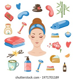 Set of elements of home spa, beauty, relaxation, beauty treatments. Set of the home spa accessories, face rollers towels, candles, tea, masks, soap, cosmetics, shampoos. Vector illustration.