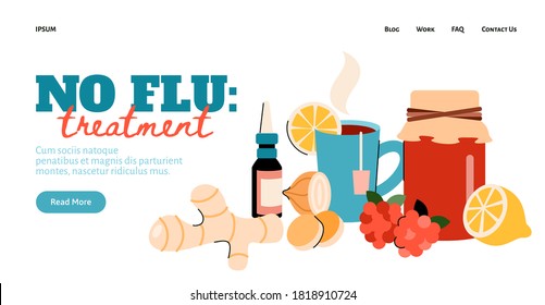 A set of elements for home treatment of the flu virus, coronavirus or cold. Alternative medicine for your health. Landing page template. Vector flat illustration