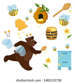 Set of elements - honey, honeycomb, bear, bees, beehive, . Illustration. Vector graphics.