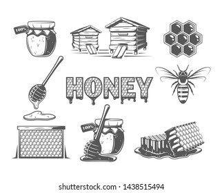 Set of elements of the honey isolated on white background. Symbols for honey design labels and emblems. Vector illustration