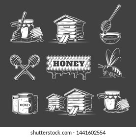 Set of elements of the honey isolated on black background. Symbols for honey design labels and emblems. Vector illustration