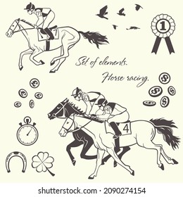Set of elements. Horse racing. Horses, jockeys, stopwatch, coins, award rosette. Vector graphics.