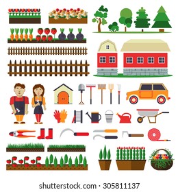 Set of elements for horticulture. Farm building, planter, gardeners, vegetables, barn, trees, tools