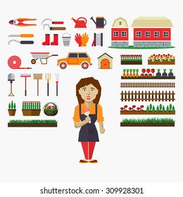 Set of elements for horticulture with gardener. Farm building, planter, vegetables, barn, trees, tools. 