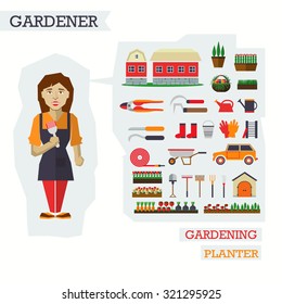Set of elements for horticulture with gardener. Farm building, planter, vegetables, barn, trees, tools.
