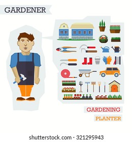 Set of elements for horticulture with gardener. Farm building, planter, vegetables, barn, trees, tools.
