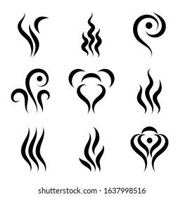 Set of elements hot steam, smoke, aromas hand drawn by brush on white background. Collection vector icons odors. Stock.