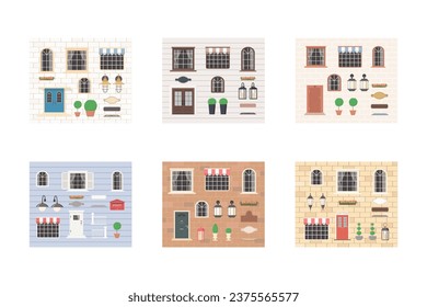 Set of elements for house builders. Collection includes doors, windows, lanterns, plants, signs. Exterior concept for house. Cartoon flat style. Vector illustration
