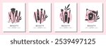 Set of elements and icons for beauty salon. Nail polish, makeup tools, cosmetic brushes, lipstick, eyelash extension, hairdresser tools. Vector illustrations for banner, cover, marketing.

