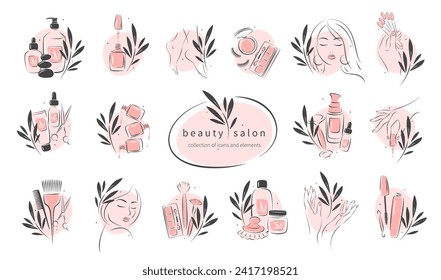 Conjunto de elementos e iconos para el salón de belleza. Amalte de uñas, manos femeninas manicuradas, hermosa cara de mujer, lápiz labial, extensión de pestañas, maquillaje, peluquería. Ilustraciones vectoriales