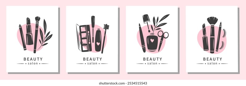 Set of elements and icons for beauty salon. Nail polish, nail brush, makeup tools, cosmetic brushes, lipstick, eyelash extension, brows. Vector illustrations for banner, cover, marketing.
