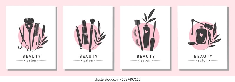 Set von Elementen und Ikonen für Schönheitssalon. Nagellack, Schminkutensilien, Kosmetikpinsel, Lippenstift, Wimpernverlängerung, Friseurutensilien. Vektorgrafiken für Banner, Cover, Marketing.

