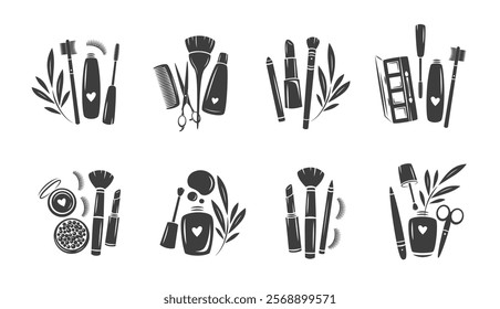 Set of elements and icons for beauty salon. Nail polish, nail brush, makeup tools, cosmetic brushes, lipstick, eyelash extension, brows. Vector illustrations for banner, cover, marketing.
