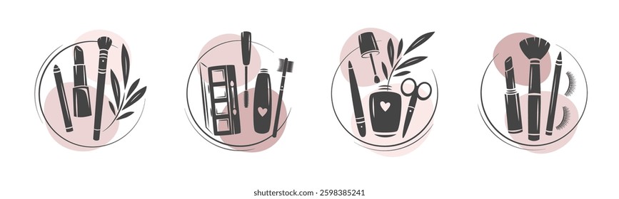 Set of elements and icons for beauty salon. Nail polish, nail brush, makeup tools, cosmetic brushes, lipstick, eyelash extension, brows. Vector illustrations for banner, cover, marketing.
