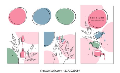 Conjunto de elementos e íconos para estudio de uñas o salón. Esmalte de uñas, cepillo de uñas, manos femeninas manicuradas. Ilustraciones vectoriales