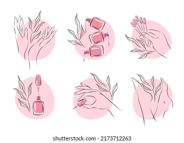 Set of elements and icons for nail studio. Nail polish, nail brush, manicured female hands and legs. Vector illustrations