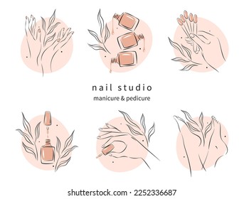 Set of elements and icons for nail studio. Nail polish, nail brush, manicured female hands and legs. Vector illustrations