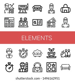 Set of elements icons such as Estate agent, Resume, Raffle, Jury, Sofa, Tickets, Swimmer, Gym bag, Baseball player, Stopwatch, Chronometer, Snowboarder, Herbal tea , elements