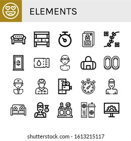 Set of elements icons. Such as In love, Sofa, Potting bench, Stopwatch, Resume, Flower design, Door, Ticket, Swimmer, Gym bag, Cracknels, Baseball player, Flight attendant , elements icons