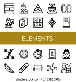 Set of elements icons such as Potting bench, Swimmer, Flight attendant, Ticket, God, Periodic table, Herbal tea, Abstract, Cracknels, Door, Flower design, Flying, Stopwatch , elements