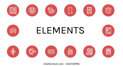 Set of elements icons such as Shapes, In love, Old video camera, Door, Chronometer, Abstract, Movie camera, Ticket, Nightstand, Snowboarder, Sap beetle, Sofa, Resume , elements