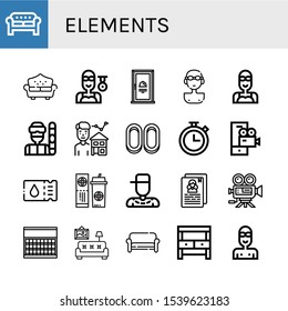 Set of elements icons. Such as Sofa, Swimmer, Door, Snowboarder, Estate agent, Cracknels, Chronometer, Video camera, Ticket, Rapper, Resume, Sugar, Living room , elements icons