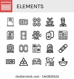 Set of elements icons such as Sugar, Door, Ticket, Cracknels, Herbal tea, Native american, Resume, Video camera, Stopwatch, Snowboard, God, Sofa, Estate agent, Diwali , elements