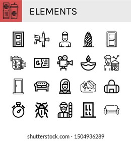 Set of elements icons such as Ticket, Door, Hip hop, Swimmer, Old video camera, Tickets, Movie camera, Diwali, Estate agent, Sofa, Native american, Gym bag , elements