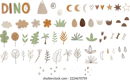A set of elements for illustrations of dinosaurs, volcano, eggs, plants, clouds vector illustration for design, print, pattern, isolated on white background