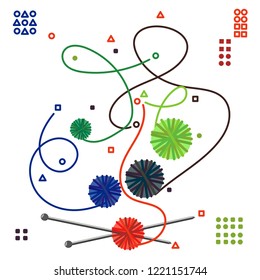 Set of elements of illustrations for knitting. Balls of thread, knitting needles, knitting patterns. Vector illustration.