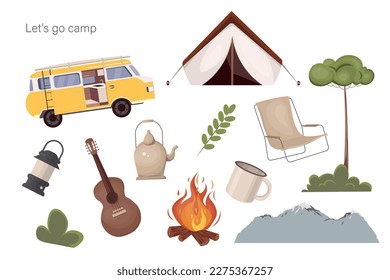 Set of elements, illustrations on the theme of camping. Camping tent, tree, mountains, mug, kettle, fire, bushes, car, guitar, lantern.