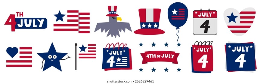 Set of elements for Independence day 4th of July. Isolated icons. Vector hand drawn illustrations on white background.