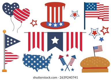 Set of Elements for Independence Day of USA 4th of July celebration
