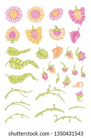 Set of elements of Indian ethnic pattern with stylized florwers and bird. Colored vector illustration.  Isolated on white background.