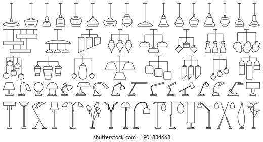 A set of elements for indoor lighting. Suspended ceiling chandeliers, table lamps, floor lamps. Vector icons in outline style isolated on white.