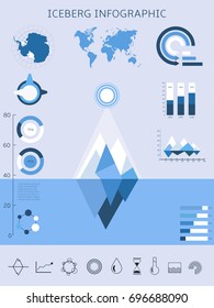 Set Elements Of Infographics. Iceberg Infographic. Ice And Water, Sea Vector Illustration. Can Be Used For Statistics Or Ecology Theme. Gobal Warming Infographics. Map Of The World And Antarctic.